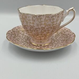 Queen Anne Princess Anne Pink And Gold Teacup And Saucer Bone China Pretty Vtg